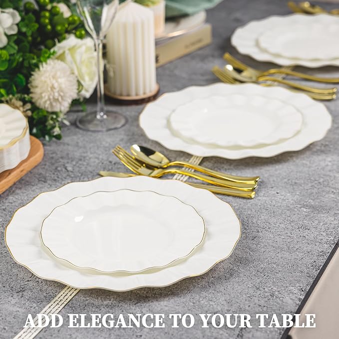 125PCS Ivory Plastic Plates Sets with Gold Rim, Gold Dinnerware Set for 25 Guests, 50 Disposable Dinner and Dessert Plates, 75 Silverwares for Party and Wedding