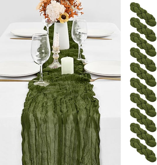 10 Pack Olive Green Table Runner 10Ft Cheesecloth Table Runner Boho Gauze Cheese Cloth Table Runners Romantic Long Sheer Fabric Table Runners for Wedding Party Bridal Shower