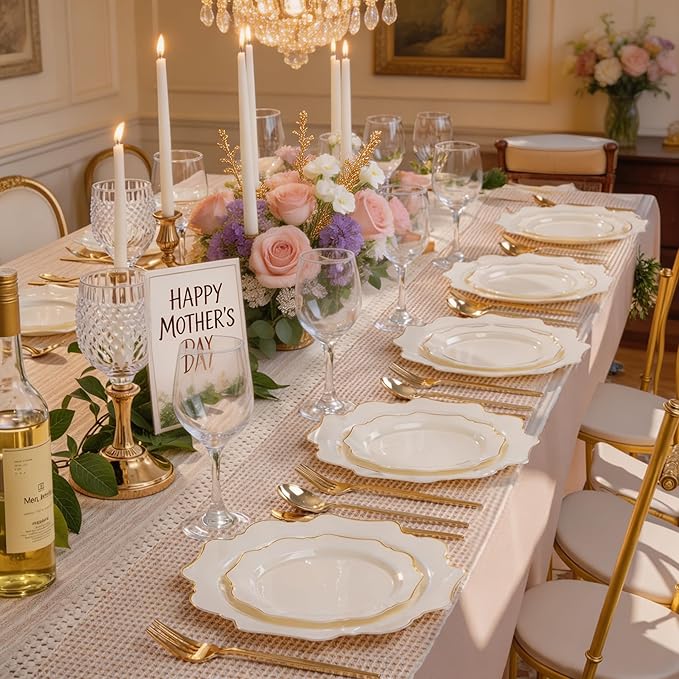 WDF 200PCS Ivory Plastic Plates with Gold Rim - Cream Plastic Plates - Include 100 Dinner & 100 Dessert Fancy Disposable Plate for Party - Heavy Duty Plate for Wedding/Baby Shower/Spring/Mother's Day