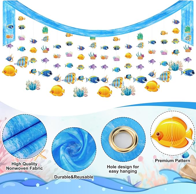 Ctosree Ocean 25 Pcs Tropical Fish Party Decoration Bulk 12 ft Ocean Waves Banner Ceiling Decor Under The Sea Party Decoration with 24 Pcs Tropical Fish Banner for Under The Sea School Classroom Decor