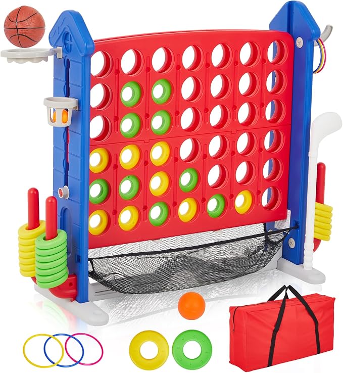Giant 4-in-a-Row Game Set, Whale Design 4-in-1 with Basketball Hoop, Golf, Ring Toss, 42 Jumbo Rings, Adjustable Height, Quick-Release Catch Net - Outdoor Play for Kids & Adults