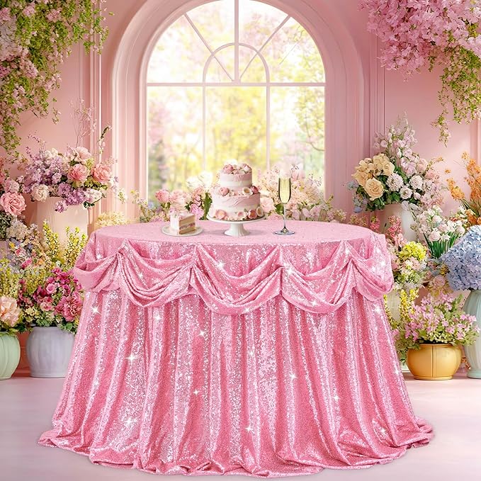 B-COOL Sequin Tablecloth Round Party Decorations: 132 Inch Tablecloths Sequin Overlay Glitter Fabric for Indoor and Outdoor Gathering Parties Fuchsia Pink