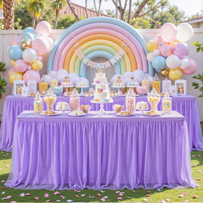 Purple Table Cloth Spandex Table Covers 8ft Fitted Tulle Tablecloth Rectangular Desk Skirt Stretch Lavender Lilac Table Cloths Covers Party Banquet Birthday Baby Shower Wedding Table Cloth, 2 Pack