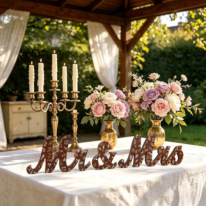 Mr & Mrs Sign for Wedding Table Blue Floral Wedding Decorations for Reception Rustic Wooden Freestanding Letters Table Centerpieces Wooden Photo Booth Props for Wedding Bridal Anniversary Supplies (Brown)