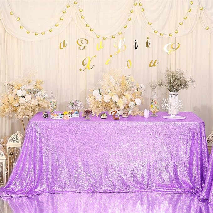 Eternal Beauty Lavender Tablecloth, 60x120 Inch Sequin Rectangle Table Cover for Cake Dessert Exhibition Party Birthday Events