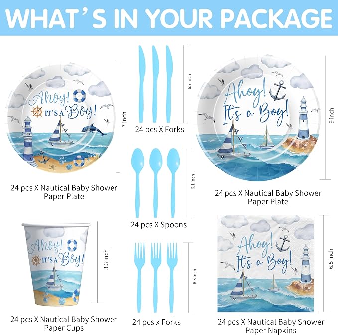 Ahoy Its A Boy Baby Shower Decorations Tableware - Nautical Baby Boy Decorations, Plate, Cup, Napkin, Disposable Cutlery, Anchor Nautical Party Supplies For Sailor Boat Baby Shower | 24 Guest