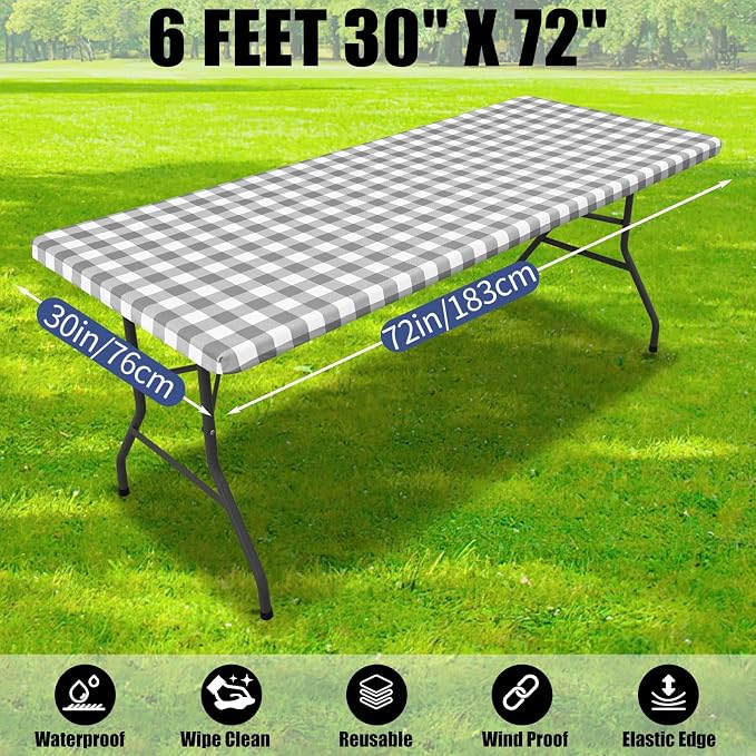 Smiry Picnic Table Cloth 6 Pack, Waterproof Elastic Fitted Tablecloths for 6FT Rectangle Tables, Washable Polyester Buffalo Plaid Tablecloth for Camping, Dining & Outdoor (Grey & White, 30" x 72")