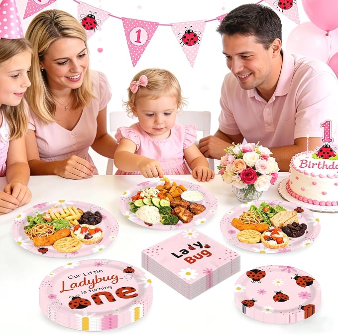 96 Pcs Ladybug 1st Birthday Decorations Pink Bug Plates and Napkins Disposable Tableware Set Cute Bug First Birthday Decoration for One Year Old Girls Ladybug Theme Birthdays Party Supplies Serves 24