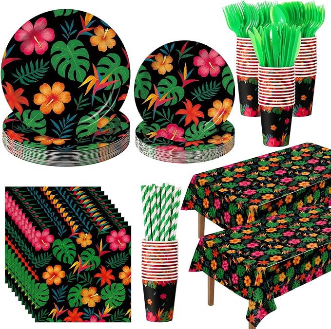 Vesici 452 Pcs Tropical Hawaiian Aloha Party Supplies Set for 50 Guests Luau Disposable Tableware 9'' 7'' Paper Plates Napkins Tablecloths 9oz Cups Cutlery for Summer Beach Pool Birthday Decorations
