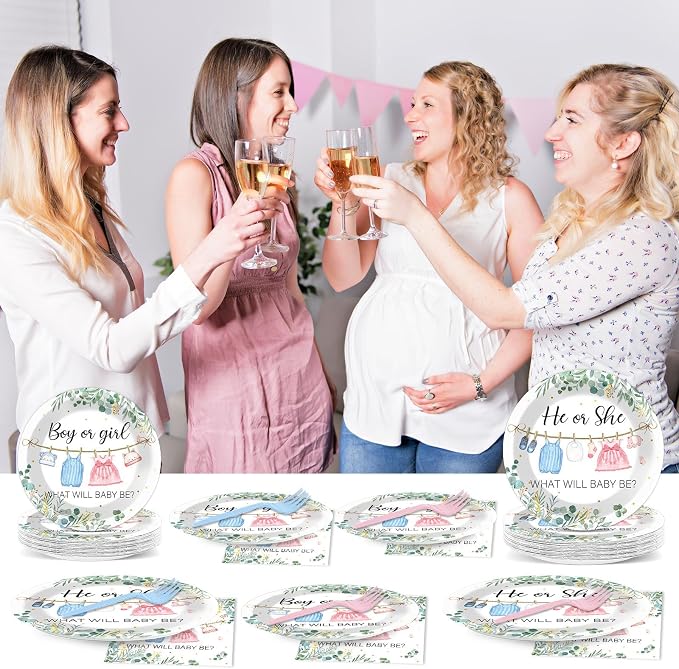 96Pcs Greenery Gender Reveal Party Decorations for Boy or Girl Baby Shower Plates Napkins Tableware Gender Reveal Disposable Baby Clothes Theme Plates He or She Paper Party Supplies for 24 Guests