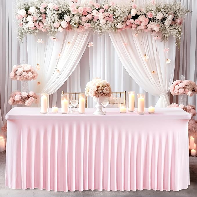 Wish Care 2 Pack Pink Spandex Table Clothes for 4 Foot Rectangle Tables, 4FT Wrinkle Free Fitted Tablecloths Ruffles Design Table Cover for Party, Banquet, Wedding and Events
