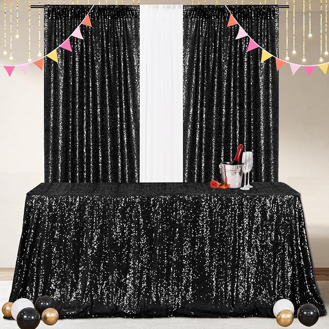 Poise3EHome Black Sequin Tablecloth, 50×80 Inch Rectangle Sequin Fabric Table Cover Overlay for Birthday Halloween Wedding Party Holiday Cake Table Decoration