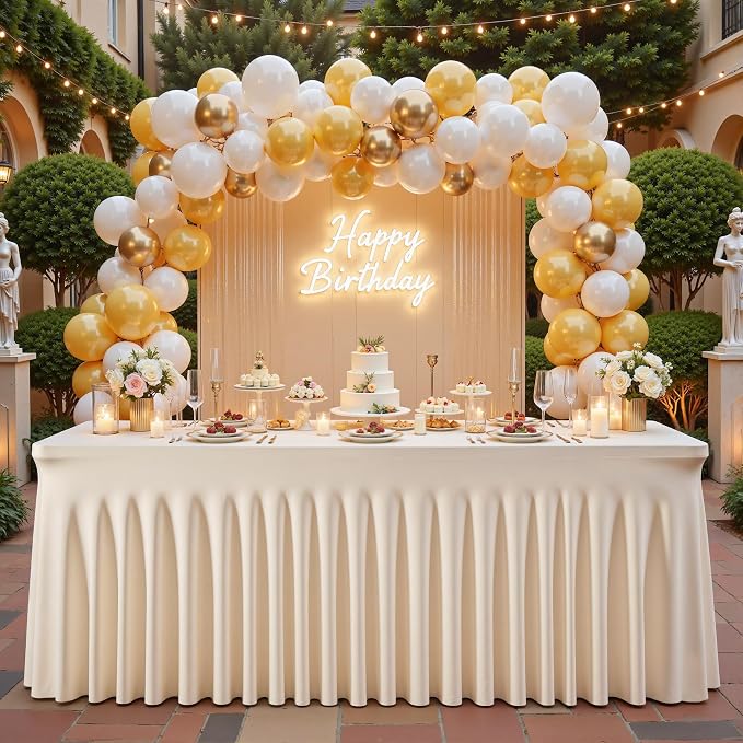 6 Packs Light Champagne Table Clothes for 8 Foot Rectangle Tables, One-Piece Wrinkle Resistant Stretch Spandex Table Covers with Skirt for Event Banquet Wedding Birthday Party
