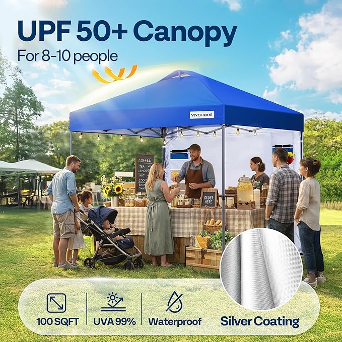 VIVOHOME 10x10ft Pop Up Canopy Tent with Sidewall and 6 Pockets, One Push Setup Outdoor Portable Shelter Tent Heavy Duty with Wheel Carry Bag and 4 Sandbags, Blue