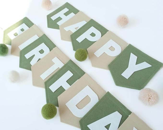 Felt Green Khaki Happy Birthday Banner Birthday Decorations for Women Girls Boys Men Pets Handmade Party Backdrop