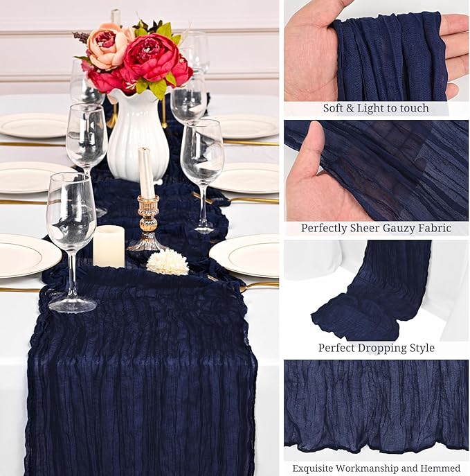 24 Pack Navy Blue Cheesecloth Table Runner,10FT Boho Gauze Table Runner,35x120inch Rustic Table Runners for Wedding Party Bridal Shower Thanksgiving Christmas Boho Table Decoration