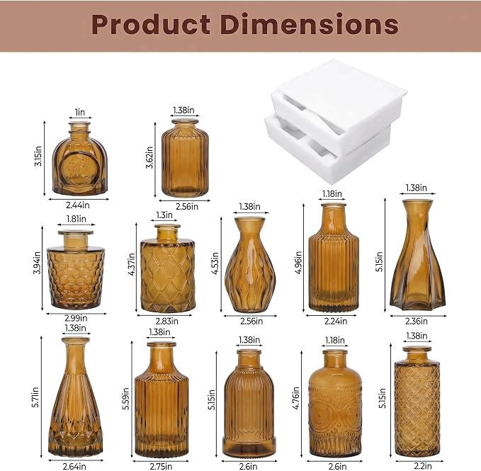 Mini Bud Vases Centerpieces for Tables,Clear Bud Vases for Flowers,Small Flower Vases Suitable for Birthday Party,Anniversary,Wedding Reception,Baby Shower (Amber, 12PCS)