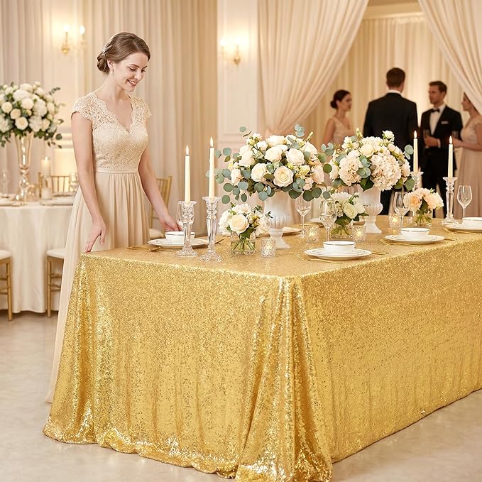QueenDream Gold Sequin Tablecloth 60x102 Inch Sparkly Gold Wedding Tablecloth for Baby Shower Birthday Christmas Party Decorations