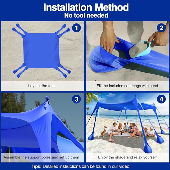 Rhino Valley Beach Tent, 10 x 10 FT Beach Shade UPF50+ Protection, BeachCanopy with 8 Sandbags 4 Stability Poles, Outdoor Beach Tent Sun Shelter Umbrella for Sand, Camping, Fishing Essentials, Indigo