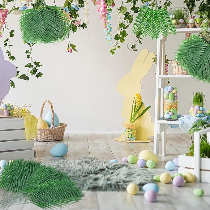 Jexine 100 Pcs Easter Palm Leaves for Palm Sunday Artificial Fake Branches Tree Stems Large Faux Greenery Plants Fronds for Church Holy Week Hawaiian Jungle Wedding Party Decoration (5 Assorted Sizes)