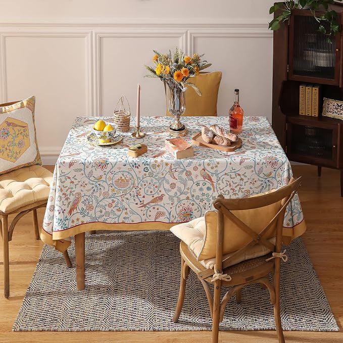 patdrea Vintage French Linen Tablecloth,Square,55"x55"-Magnolia | Colorful Elegant Table Cloth for Square Table,Yellow Floral Bird Print,Dining Room Tea Party Decoration,Durable