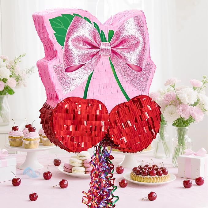 WERNNSAI Cherry Piñata - Pink Bow Party Decorations Cherry Bow piñata with Blindfold and Stick for Girls Coquette Birthday Decorations Princess Bridal Shower Bachelorette Wedding Supplies