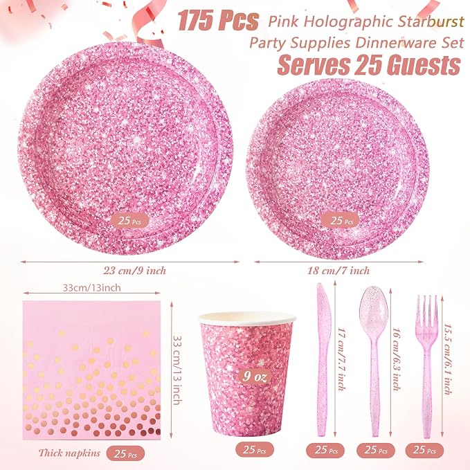 Hushee 175 Pcs 25 Guests Pink Paper Party Plates and Cups Napkins Sets Holographic Glitter Disposable Dinnerware Plastic Forks Knives Spoons Birthday Bachelorette Wedding Party Supplies