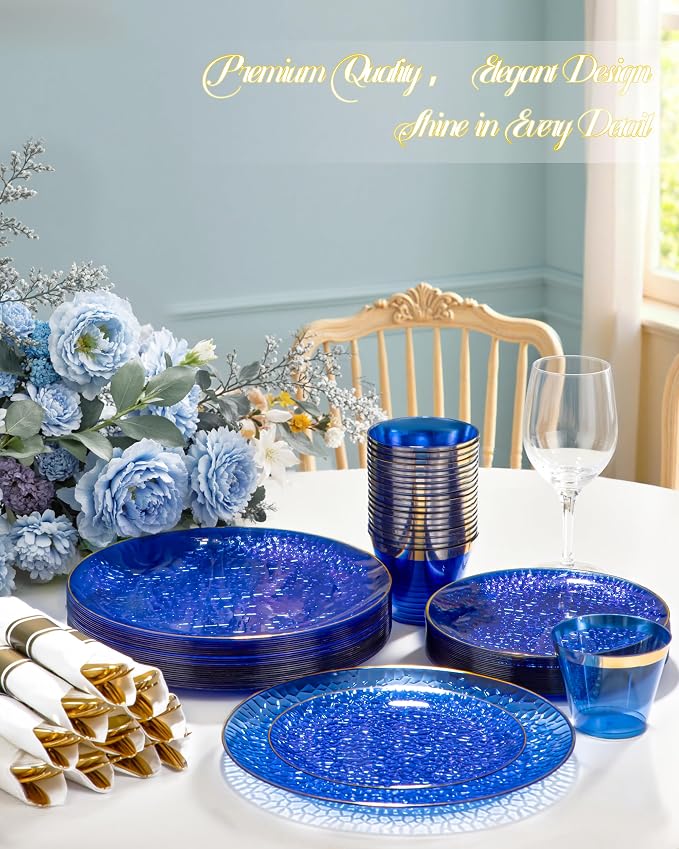 Hioasis 60pcs Blue Plastic Plates - Gold Rimmed Disposable, Hammered, Heavy-duty Dinnerware Set Suitable for 30 Guests, 10.25" Dinner & 7.5" Dessert Plates for Party & Wedding
