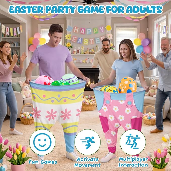 37 Pcs Easter Granny Pants Set, 6 Giant Granny Pants with 1 Pump 24 Egg Balls & 6 Easter Bunny Ear Glasses, Funny Spring Yard Tossing Outdoor Activity for Adults Family Party Gathering