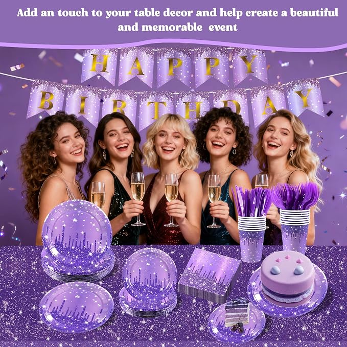 182PCS Purple and Silver Birthday Party Decorations,Purple Theme Party Plates and Napkins Disposable Tableware Set for Girls Ladies Women Wedding Favors,Serves 30 Guests