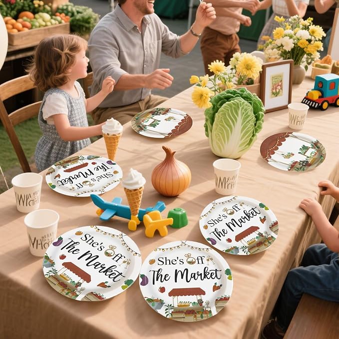 Grencian 96Pcs She's Fresh Off Market Bridal Shower Decor Farmers Market Engagement Party Plates and Napkins Vegetable Themed Disposable Tableware for Women Bridal Shower Wedding Decorations Serves 24