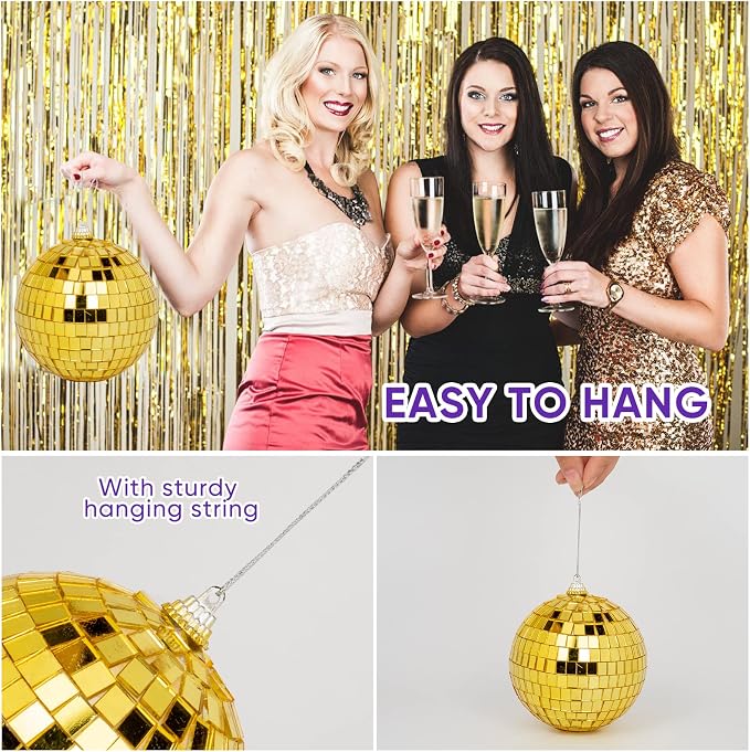 32 Pack Mini Disco Balls Decorations Different Sizes Mirror Ball with Hanging String Small Disco Ball Ornament for Disco Theme Party Cake Topper DJ Club Christmas Wedding Home Decor (Gold)