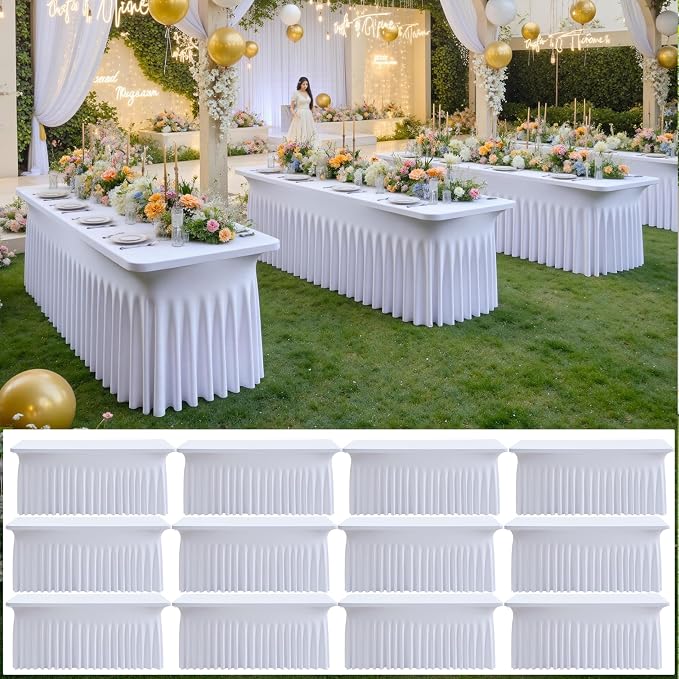 12 pk White Spandex Table Cloth Rectangle 8ft with Ruffle Skirt,Wrinkle Free High-Stretch Fitted Tablecloths for 8 Foot Rectangle Tables,Elastic Spandex Table Covers 8 ft for Parties Weddings Banquet