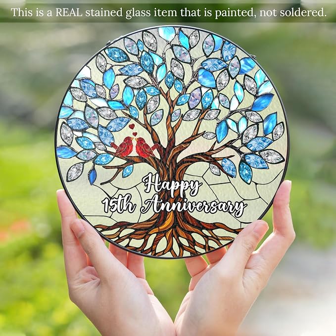 15th Wedding Anniversary Stained Glass Suncatcher, 6x6' Anniversary Decorations, 15th Celebration Marriage Gifts for Parents, Couple, Wife & Husband, 15 Wedding Milestone Keepsake
