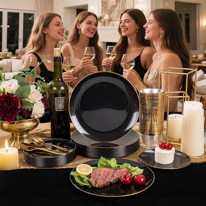 WDF 150PCS Black Plastic Plates - Black and Gold Plates Disposable - 25 Guest Disposable Dinnerware Sets for Party/Wedding/Graduation/Memorial Day