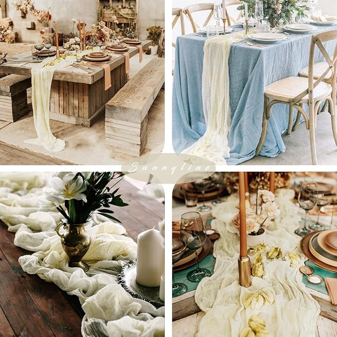 Beige Cheesecloth Table Runner 10FT Runner for Tables Boho Gauze Fabric Table Runner Decoration Rustic Sheer Runner for Wedding Bridal Shower Birthday Party Table Decor (35 x 120 Inches Long)