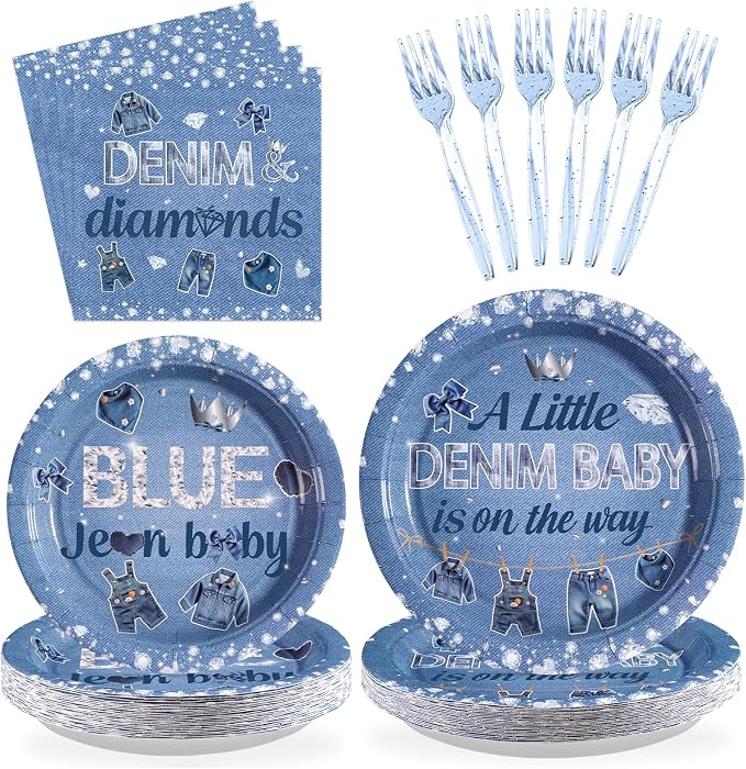 96Pcs Blue Jean Baby Shower Decorations Denim and Diamonds Birthday Plates and Napkins Tableware Sets A Little Denim Baby is on the Way Decorations for Kids Boys Blue Jeans Birthday Supplies Serves 24