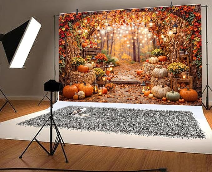 8 x 6 ft Fall Photo Backdrop Autumn Forest Scenery Pumpkins Harvest Maple Leaves Background Fall Sunflowers Thanksgiving Day Friendsgiving Party Decorations Banner Photo Booth Props Supplies