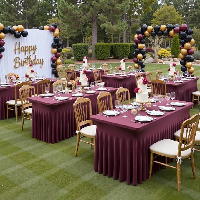 2 Pack Burgundy Spandex Table Clothes for 8 Foot Rectangle Tables, Wrinkle Free Fitted Table Cover 8ft Maroon Stretch Tablecloths with Skirt for Parties Weddings Birthday Banquet Baby Shower