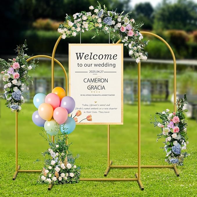 Metal Arch Backdrop Stand, Set of 3 (4ft / 5ft / 6ft) Gold Arch Backdrop with 12 Ground Nails, Stable Arched Background Stand for Wedding, Baby Shower, Birthday Party, Photography