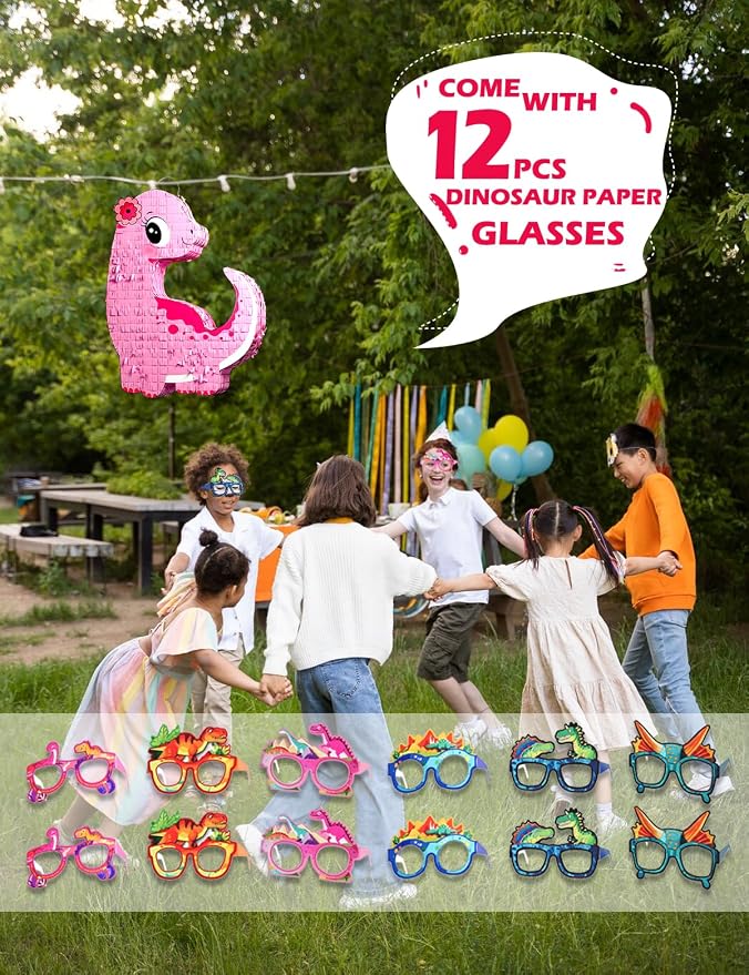 Pink Dinosaur Piñata Girls, Piñata de Dinosaurio para niñas with 12pcs Paper Glasses, Wood Stick, Confetti and Blindfold, Dino Piñata for Birthday Party Decorations（16"x12.6"x3.5"）