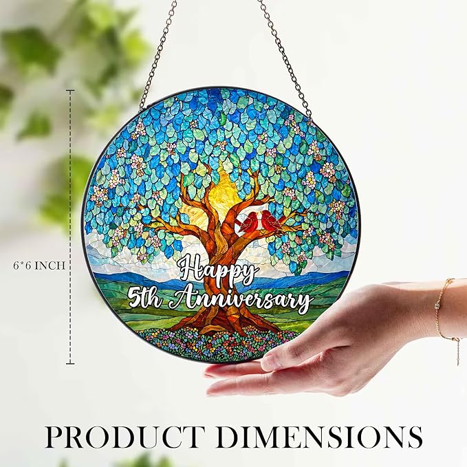 5th Wedding Anniversary Stained Glass Suncatcher, 6x6' Anniversary Decorations, 5th Celebration Marriage Gifts for Parents, Couple, Wife & Husband, 5 Wedding Milestone Keepsake