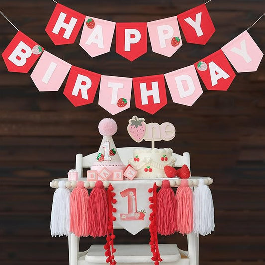 DCJHFJ Strawberry High Chair Banner Felt Strawberry Happy Birthday Banner Berry First Birthday Decorations for 1st Birthday Decorations Girl Pink Red with Tassels