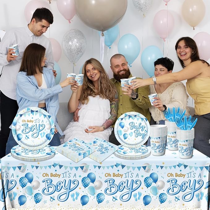 CMUSKO Blue Baby Shower Decorations for Boy, It's a Boy Baby Shower Party Supplies with Baby Boy Plates Napkins Cups Banner Tablecloth for Baby Boy Gender Reveal Baby Shower Party Decor