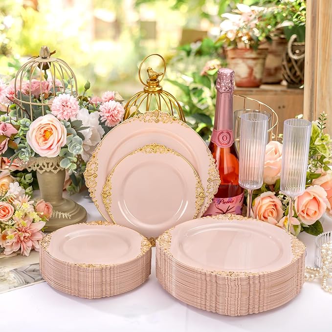 200PCS Pink and Gold Plates - Pink Plastic Plate - Fancy Disposable Plates with Gold Rim - Vintage Wedding Dinner & Dessert Plate for 100 Guests for Wedding & Bridal Shower