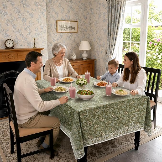 Ridhi Block Print Nostalgic Naturals Rectangle Cotton Tablecloth 140" x 72" Reusable Table Cover Decorative Everyday Use for Dining, Farmhouse, Home Gift for Spring, Easter, Valentine