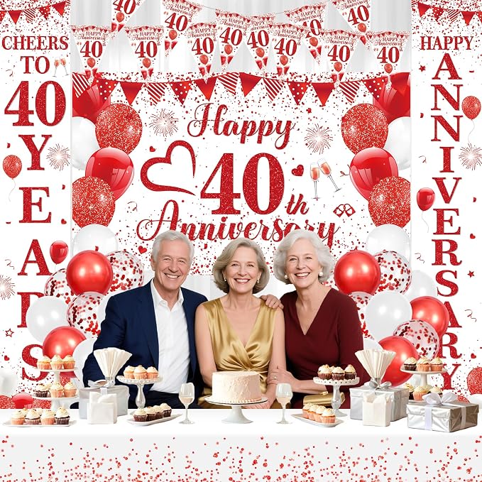 Red Happy 40th Anniversary Decorations for Men Women, Red White 40th Wedding Anniversary Party Decorations Banner, Porch Banner, Triangle Flag, Tablecloth and Balloons Kit Party Supplies