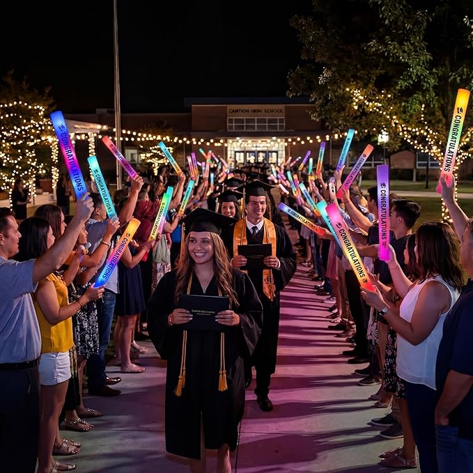 Huquary 50 Pcs Graduation Party Favors LED Foam Light up Sticks Bulk, Glow in The Dark Graduation Party Supplies with 3 Modes Colorful Flashing for Congratulation Grad Celebration Decoration(Black)