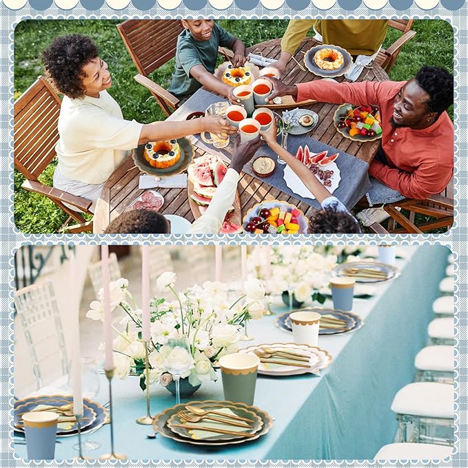Mimorou 338 Pcs Blue and Sage Green Plates and Napkins Party Supplies for Guests Dusty Blue Tableware Include Scalloped Plates Paper Napkin Cup Spoon Fork Knife for Baby Shower, Wedding, Birthday