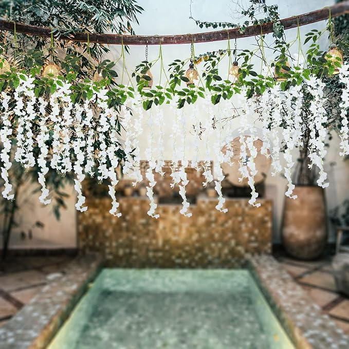 12 Pack Artificial Wisteria Hanging Flowers Fake Wisteria Flower Silk Vines Rattan Decor for Home Wedding Arch Wall Garden Greenery Bedroom Outdoor Office Party Decoration (White)